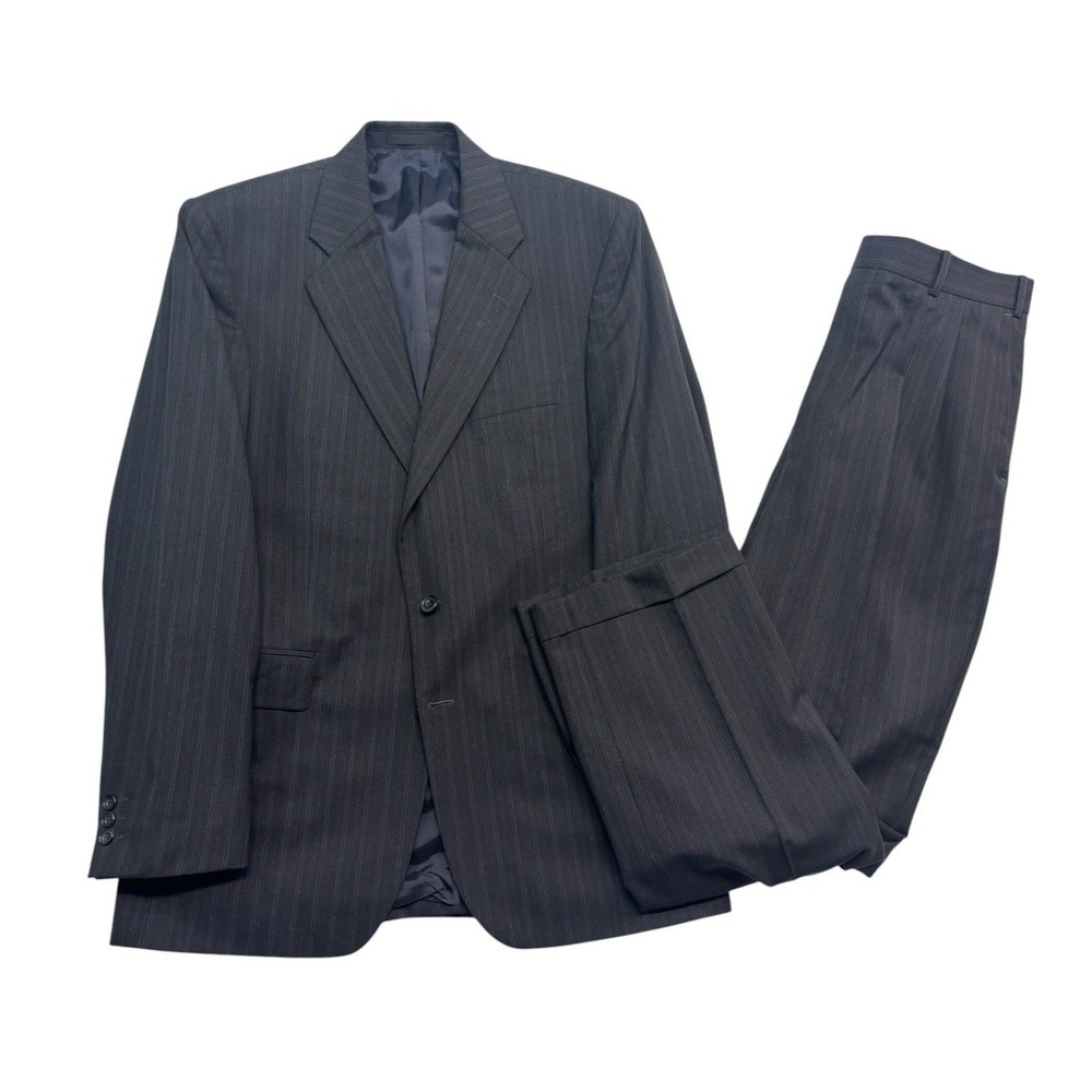 Alexandre London Savile Row 42L 34x32 Black Stripe 2pc‎ Pant Suit Wool Pleated